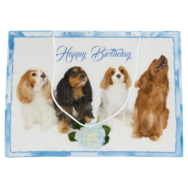Happy Birthday Cavalier King Charles Spaniels Large Gift Bag (Front)