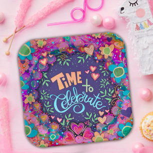 Happy Birthday Celebrate Fun Colourful Floral Paper Plate