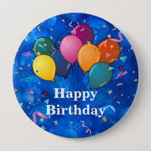 "Happy Birthday," Celebration Balloons, Confetti, 10 Cm Round Badge