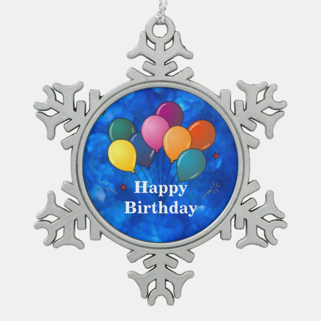 "Happy Birthday," Celebration Balloons Snowflake Pewter Christmas Ornament (Front)