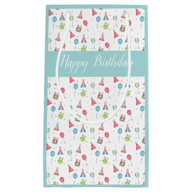 Happy Birthday Celebration Party Hats Balloons Small Gift Bag (Front)