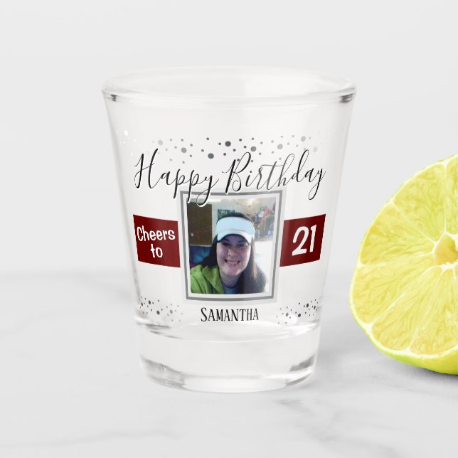 Happy Birthday Cheers to 21 Photo Shot Glass (Front)