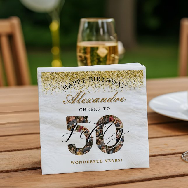 Happy Birthday Cheers To 50 Years Photo Collage Napkin (Happy Birthday Cheers To 50 Years Photo Collage Napkins)