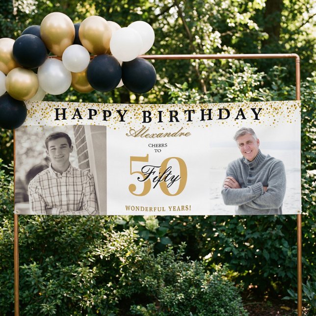 Happy Birthday Cheers To 50 Years Photo Then & Now Banner (Happy Birthday Cheers To 50 Years Photo Then & Now Banner)