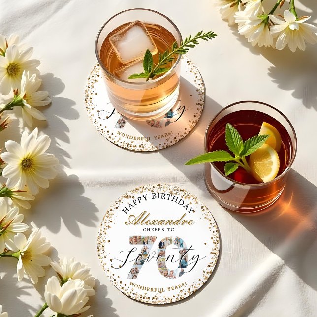  Happy Birthday Cheers To 70 Years Photo Collage Round Paper Coaster (Happy Birthday Cheers To 70 Years Photo Collage Round Paper Coaster)