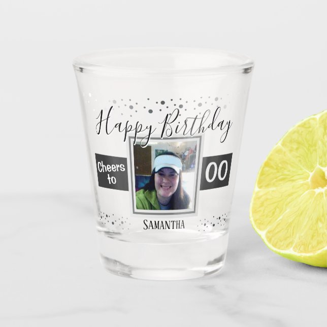 Happy Birthday Cheers to Any Year Photo Shot Glass (Front)