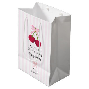 Happy Birthday Cherry on Top Coquette Stripes Medium Gift Bag