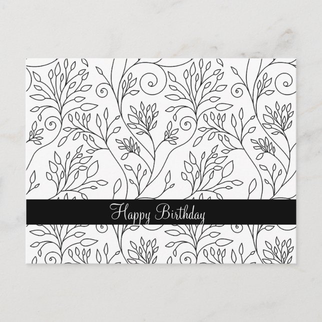 Happy Birthday Chic Black White Line Vines Floral Postcard (Front)