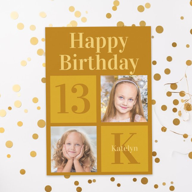 Happy Birthday Chic Gold 2 Photo Personalised Card (Creator Uploaded)