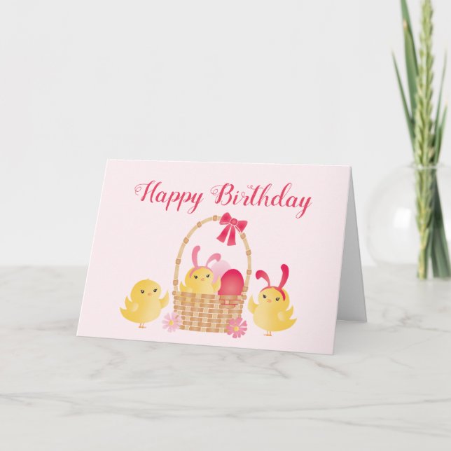 Happy Birthday Chicks Bunny Ears Pink Card (Front)