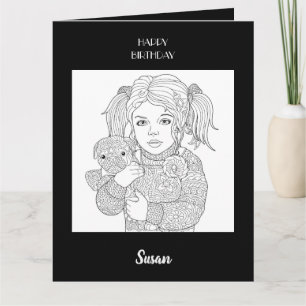 Happy Birthday Child and Dog Colouring Card