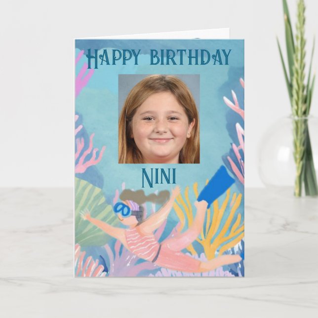 Happy birthday children's card girl snorkeler reef (Front)