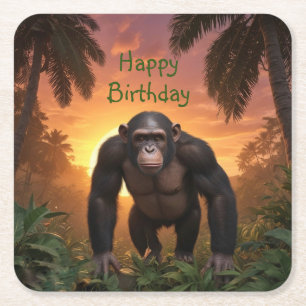 Happy Birthday Chimp Square Paper Coaster