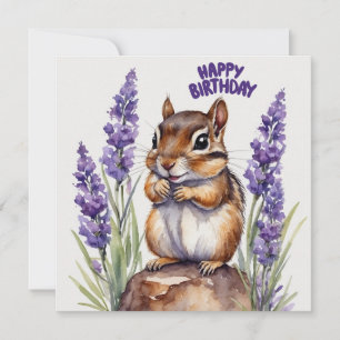 Happy Birthday Chipmunk with Lavender Flowers  Card