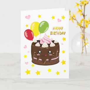 Happy birthday chocolate cake, kawaii card