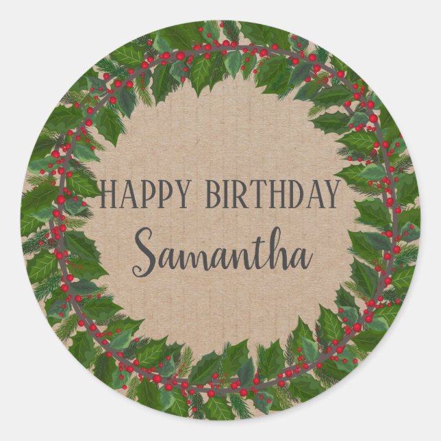 Happy Birthday Christmas Floral Wreath Craft  Clas Classic Round Sticker (Front)