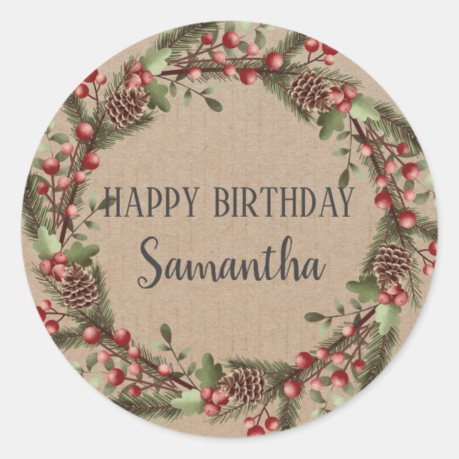 Happy Birthday Christmas Floral Wreath Craft Classic Round Sticker (Front)