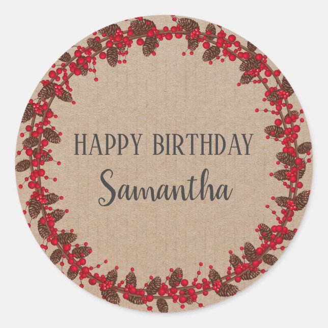 Happy Birthday Christmas Floral Wreath Craft  Classic Round Sticker (Front)