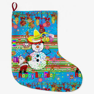 Happy Birthday Christmas Stocking, Snowman Large Christmas Stocking