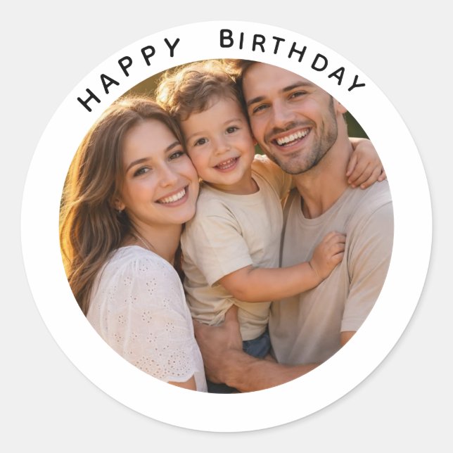 Happy Birthday | Classic Simple Custom Photo Round Sticker (Front)