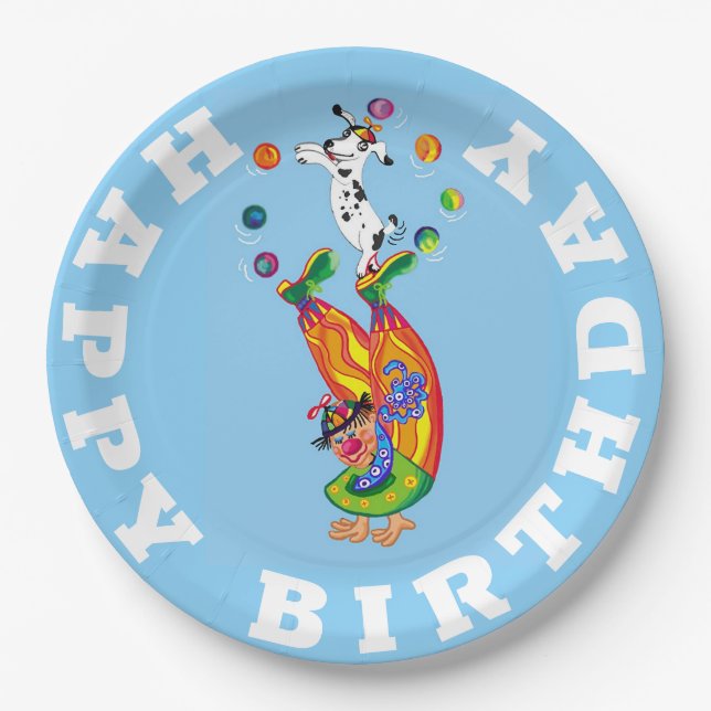 Happy Birthday Clown and dog juggler Paper Plate (Front)