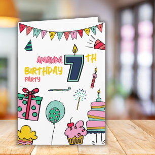 Happy Birthday Coloful 7th Birthday Party Greeting Card