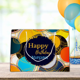 Happy Birthday Colorful 80's Retro Abstract Gold Large Gift Bag