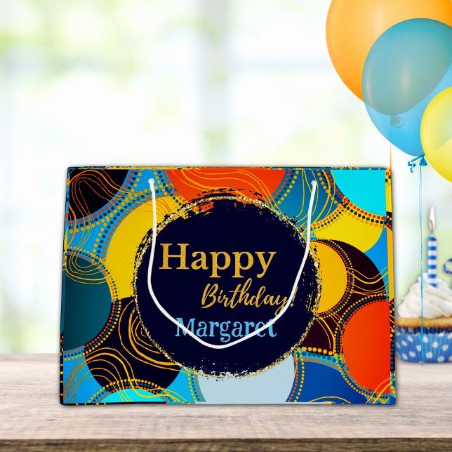 Happy Birthday Colorful 80's Retro Gold Abstract   Large Gift Bag (Creator Uploaded)