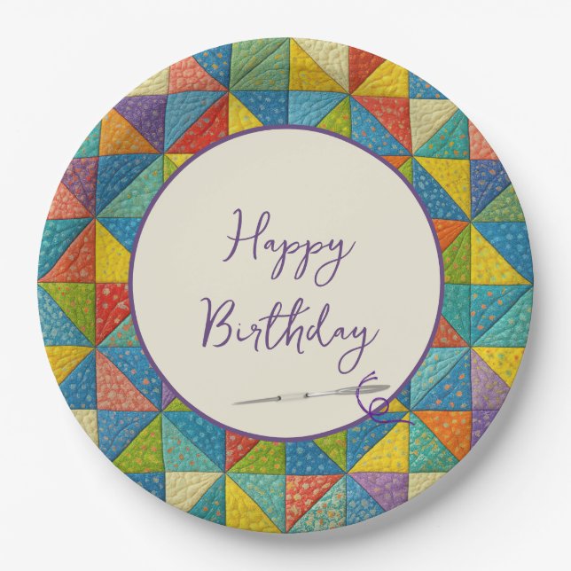 Happy Birthday Colorful Pinwheel Quilt Pattern Paper Plate (Front)