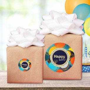 Happy Birthday Colourful 80's Retro Abstract Blue Classic Round Sticker