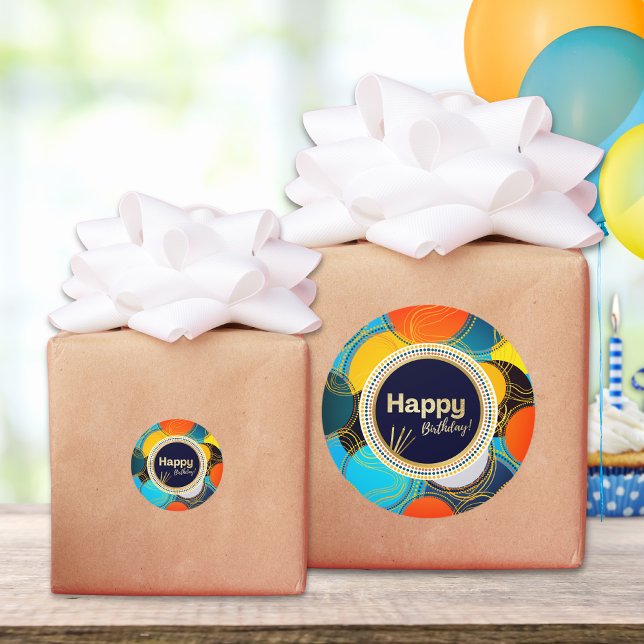 Happy Birthday Colourful 80's Retro Abstract Blue Classic Round Sticker (Creator Uploaded)