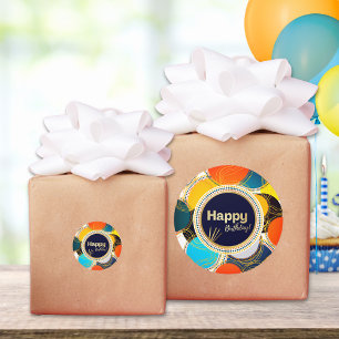 Happy Birthday Colourful 80's Retro Abstract White Classic Round Sticker
