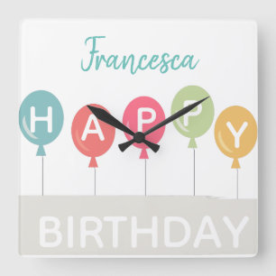 Happy Birthday colourful ballons custom name Square Wall Clock