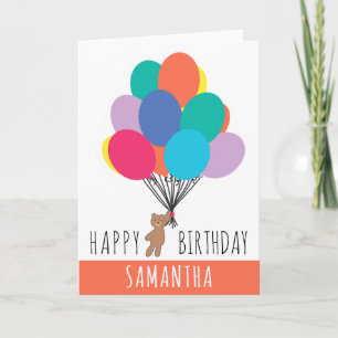 Happy Birthday Colourful Balloon Teddy Bear Name Card