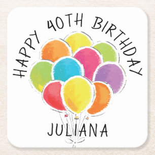 Happy Birthday Colourful Balloons Add Name Square Paper Coaster