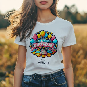 Happy Birthday Colourful Balloons and Cupcakes T-Shirt