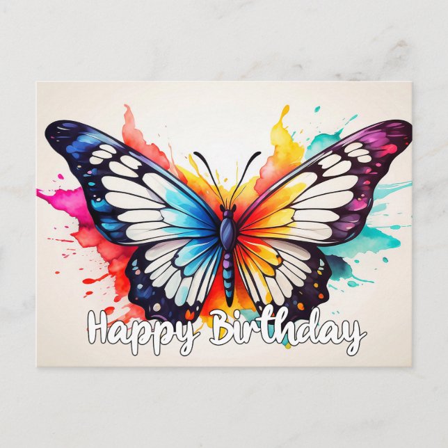 Happy Birthday Colourful Butterfly Watercolor Art Holiday Postcard (Front)