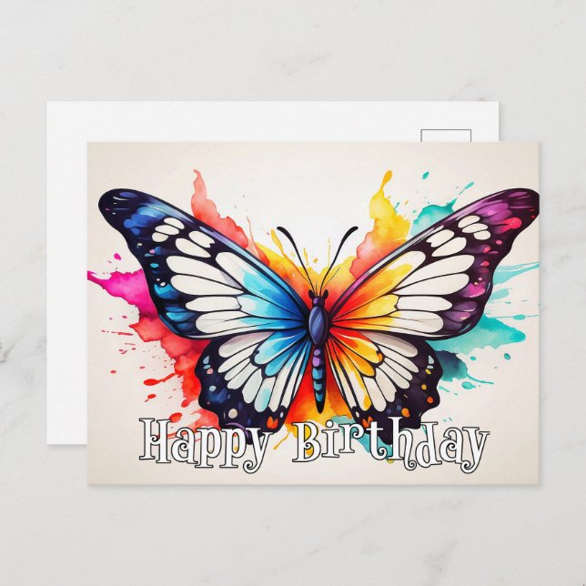 Happy Birthday Colourful Butterfly Watercolor Art Postcard (Front/Back)