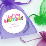 Happy Birthday Colourful Candle Typography Classic Round Sticker<br><div class="desc">Happy Birthday sticker which you can personalise for any child or young at heart friend or relation. The design has colourful candles lettered in cute and whimsical,  groovy retro typography in pink,  purple,  lime green,  turquoise blue and yellow.</div>