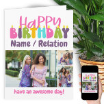 Happy Birthday Colourful Candles 3 Photo Collage Card<br><div class="desc">Personalised Happy Birthday photo card lettered with colourful candles. The template is ready for you to add 3 of your favourite photos and personalise the wording with a name or relation (Isabella / bestie / sister, for example), a message at the bottom such as "have an awesome day!". You can...</div>