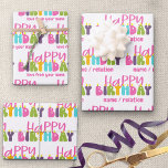 Happy Birthday Colourful Candles Set of 3 Wrapping Paper Sheet<br><div class="desc">Set of 3 Happy Birthday wrapping paper sheets. Two of the sheets can be personalised to someone or from someone and the 3rd sheet has no personalisation. The design has colourful candles lettered in cute and whimsical,  groovy retro typography in pink,  purple,  lime green,  turquoise blue and yellow.</div>