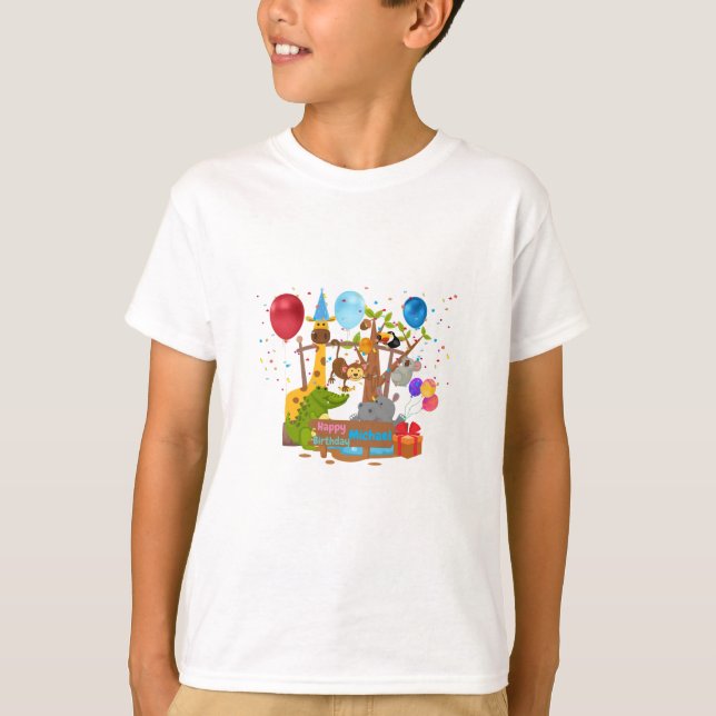 happy birthday colourful cartoon animal Zoo T-Shir T-Shirt (Front)