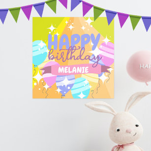 Happy Birthday Colourful Cartoon Balloons Sparkles Poster