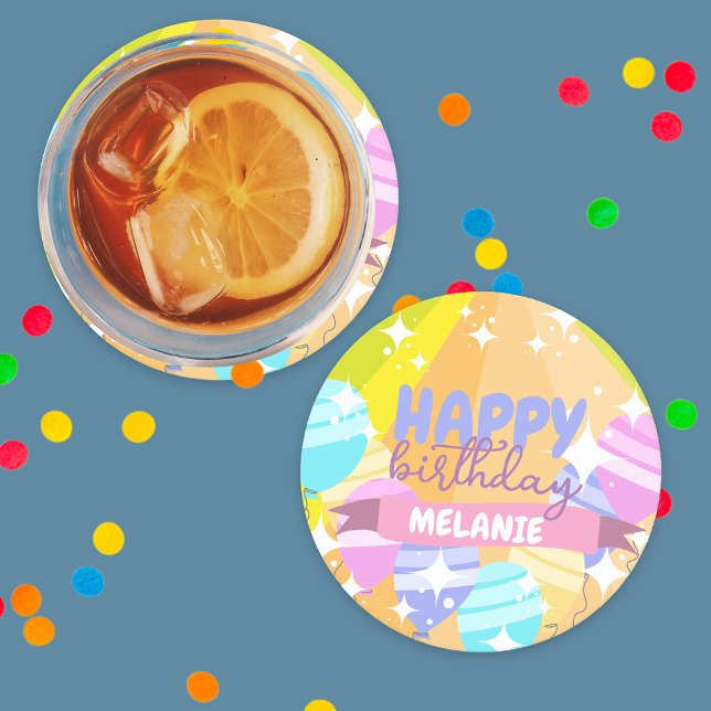 Happy Birthday Colourful Cartoon Balloons Sparkles Round Paper Coaster (Creator Uploaded)