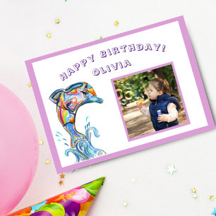 Happy Birthday Colourful Dolphin Custom Photo Card