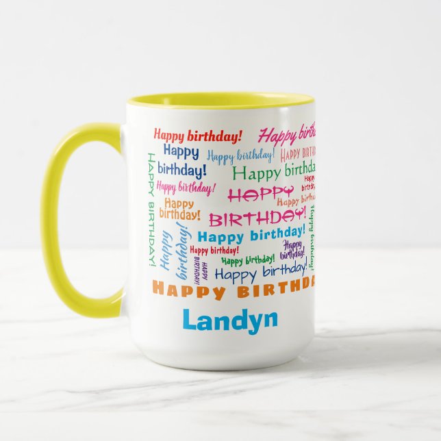 Happy Birthday Colourful Fun Bright Word Cloud Mug (Left)