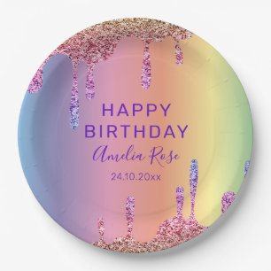 Happy Birthday Colourful Glitter Drips Party Paper Plate