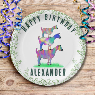 Happy Birthday Colourful Goats and Foliage Paper Plate