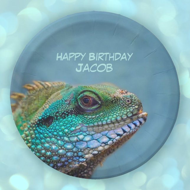 Happy Birthday Colourful Iguana Paper Plate (Happy Birthday Colorful Iguana Personalized Paper Plates)