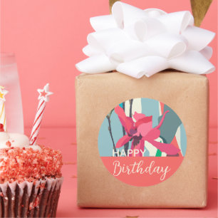 Happy Birthday Colourful Pink Magnolia Abstract    Classic Round Sticker